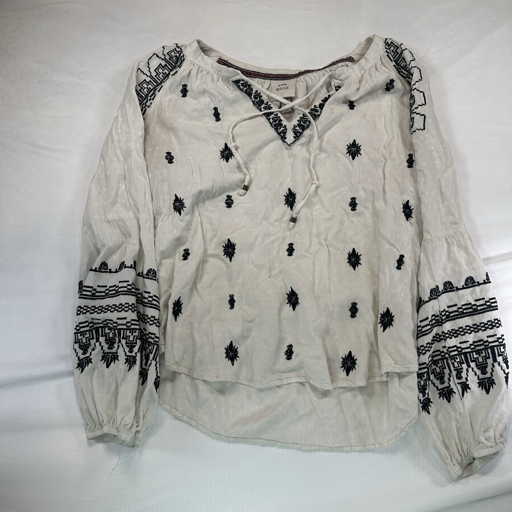 Knox Rose Top Womens L Peasant Embroidered Raglan Sleeve Tie‎ Neck White Boho